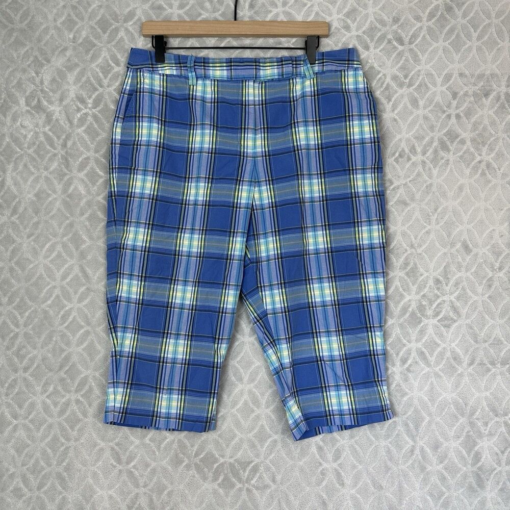 Vtg Talbots Capri Pants 16 Petite Blue Plaid Stretch Casual Summer Golf 90s Y2K